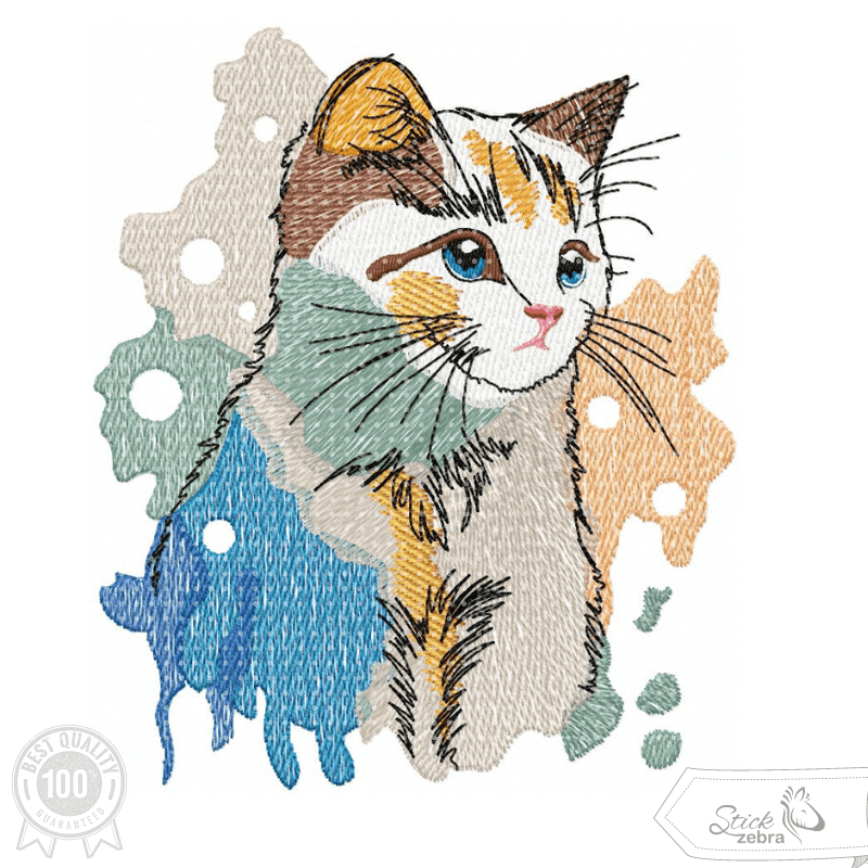 Bunte Aquarellkatze mit liebevollen Details – Stickdatei für deine Stickmaschine - Sewando