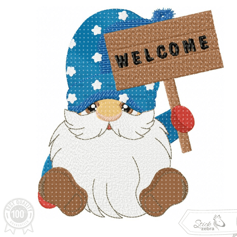 Gnom Stickdatei mit Welcome-Schild – ein fröhlicher Gruß für deine Stickmaschine - Sewando