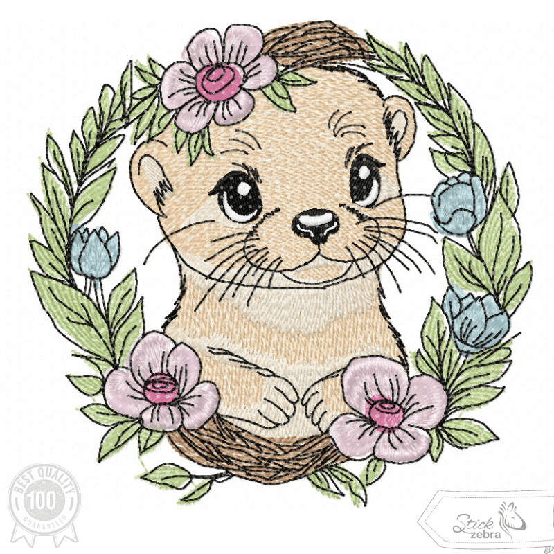 Verspielter Otter mit Blumenkranz – Stickdatei für deine Stickmaschine - Sewando