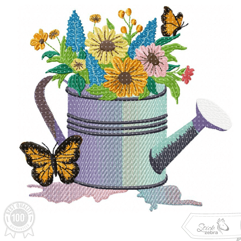 Gießkanne mit Blumen und Schmetterling Stickdatei – detailreiches Gartenmotiv für deine Stickmaschine - Sewando