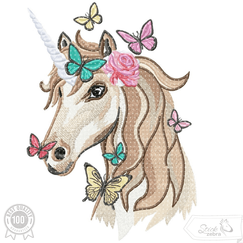 Einhorn Stickdatei, Einhornkopf mit Schmetterlingen für deine Stickmaschine - Sewando