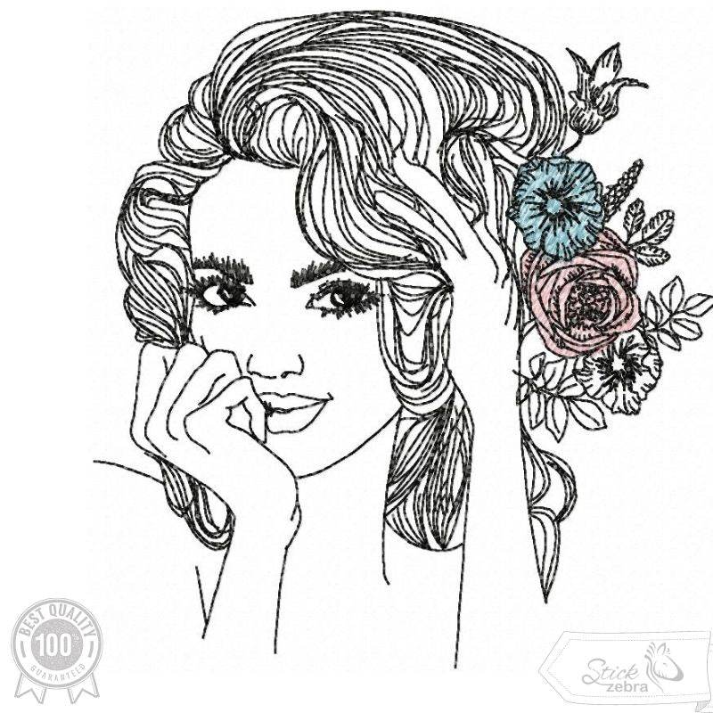 Doodle Frau Stickdatei – florale Eleganz trifft auf ein strahlendes Lächeln für deine Stickmaschine - Sewando