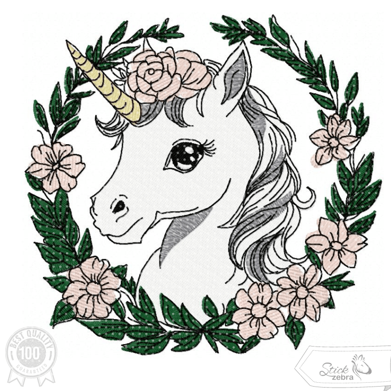 Einhorn Stickdatei – märchenhaftes Zauberwesen im Blumenkranz für deine Stickmaschine - Sewando