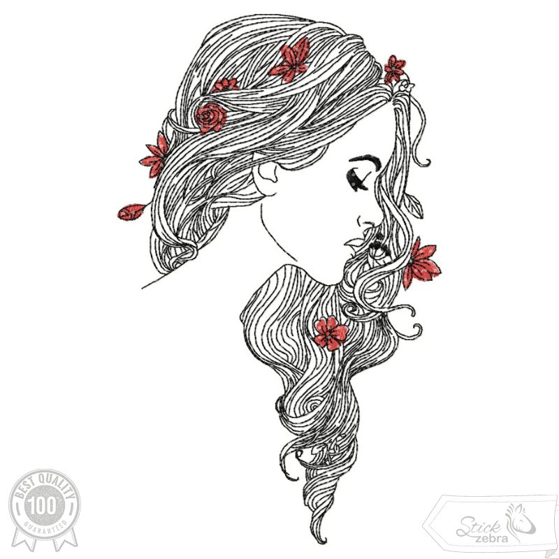 Doodle Frau Stickdatei – anmutige Schönheit mit Blüten im Haar für deine Stickmaschine - Sewando