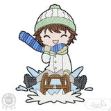 Schlittenjunge Stickdatei – fröhliches Wintermotiv für Kinder & Deko - Sewando