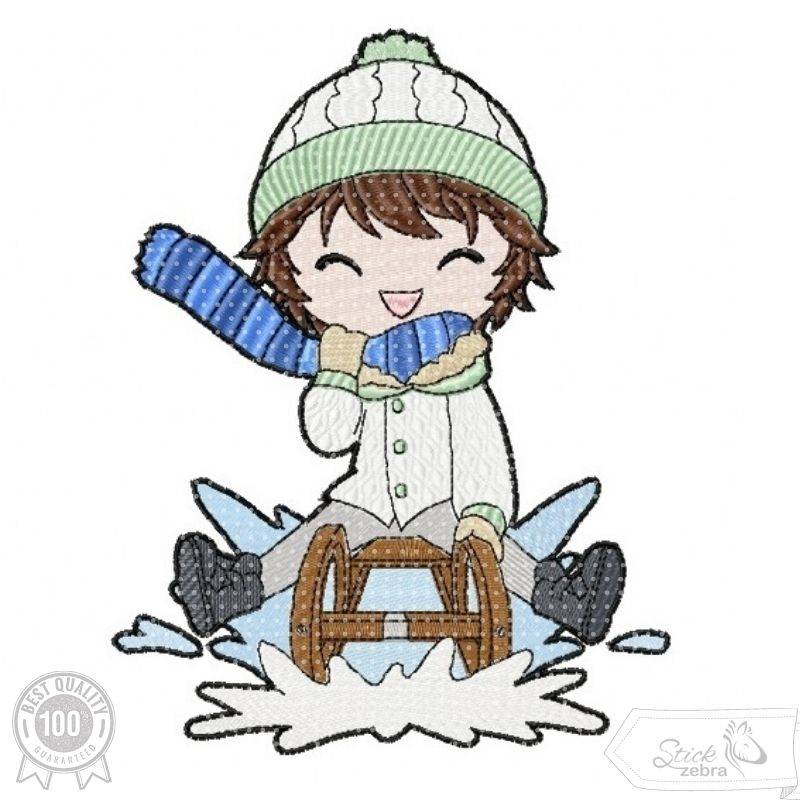 Schlittenjunge Stickdatei – fröhliches Wintermotiv für Kinder & Deko - Sewando