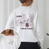 Digitale Plotterdatei „Sorry I Have Plans“ mit Pizza, Couch & Cozy Vibes. Passendes Front- & Backprint-Set für Shirts und Hoodies. SVG, DXF & PNG.