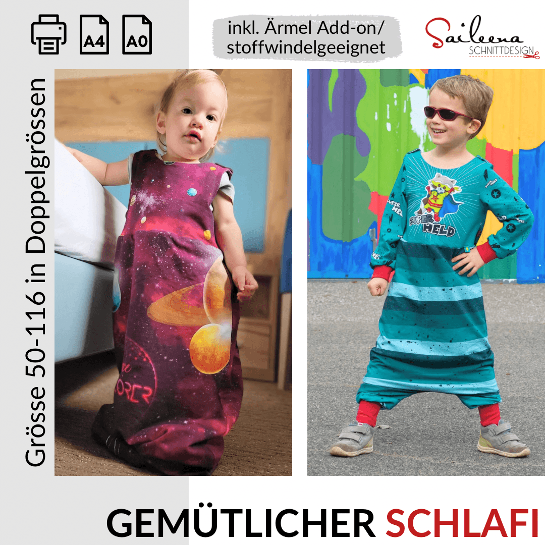 Gemütlicher Schlafi INKL. ÄRMEL ADD-ON, Schnittmuster Grösse 50-116 - Sewando
