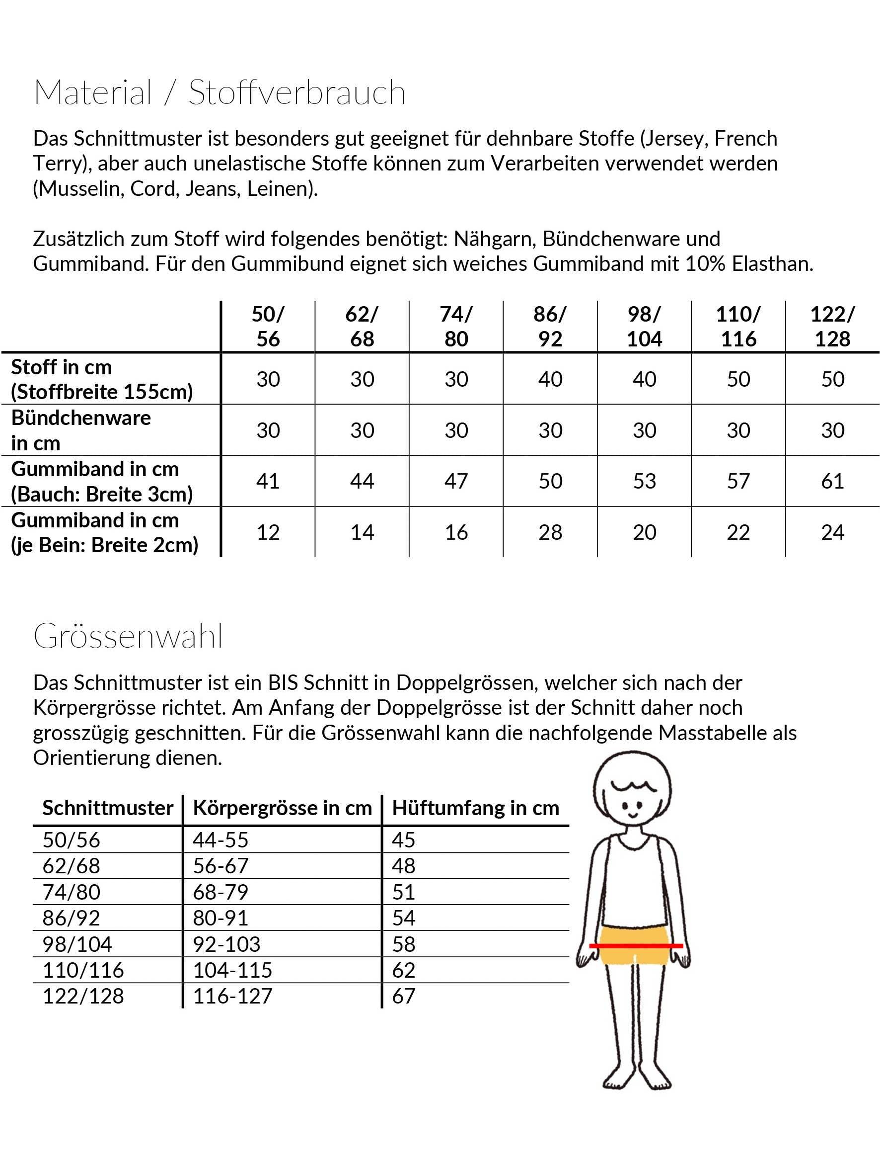 Feel-good-Pumpi kurz, Schnittmuster Grösse 50-128 - Sewando