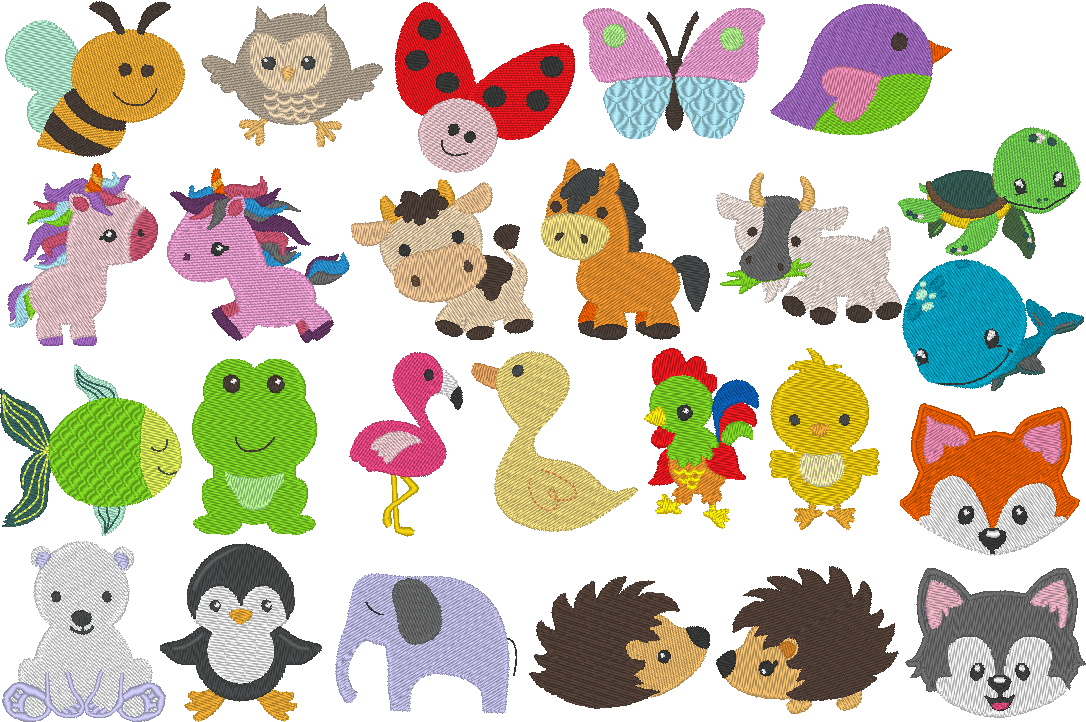 Stickdatei - Puschen Motive mit Tieren in 5cm, 6cm und 7cm - Sewando