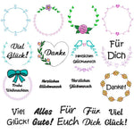 Stickdatei Set Rahmen und Schriftzüge Danke, Viel Glück, Für Euch, Für Dich, Herzlichen Glückwunsch, Frohe Weihnachten - Sewando