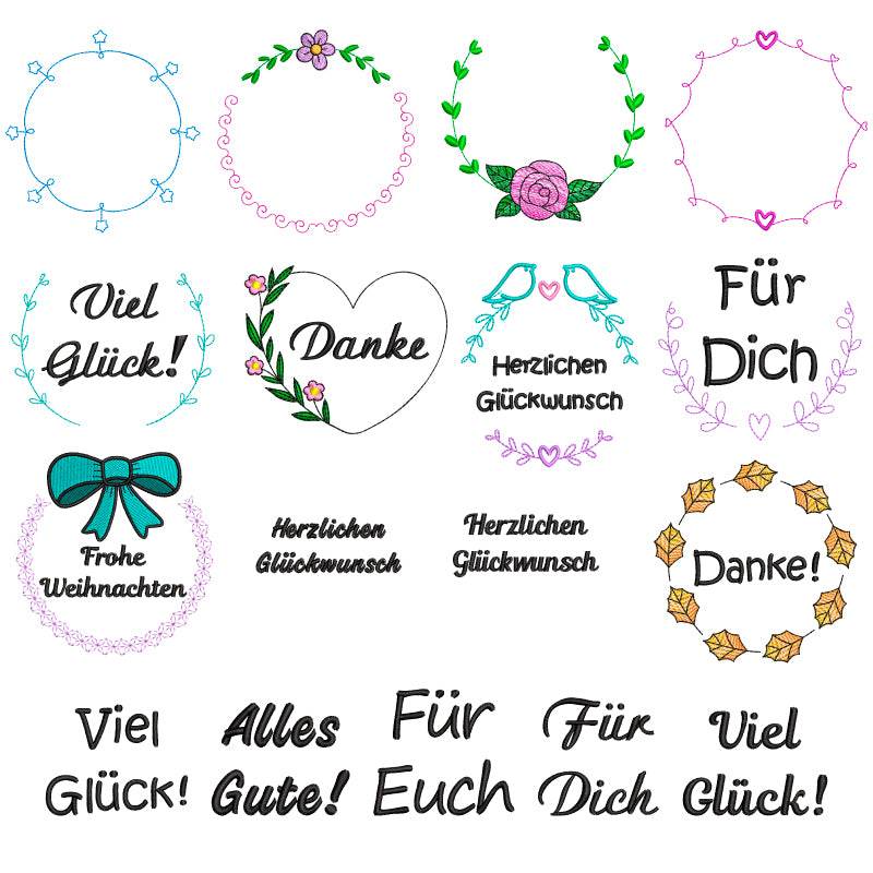 Stickdatei Set Rahmen und Schriftzüge Danke, Viel Glück, Für Euch, Für Dich, Herzlichen Glückwunsch, Frohe Weihnachten - Sewando