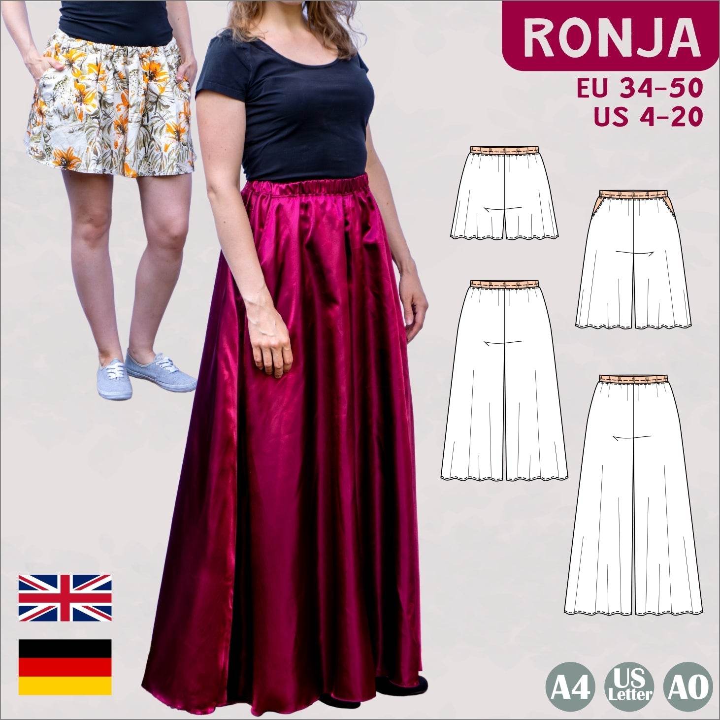 Ronja, Schnittmuster Hosenrock mit Gummizug Gr. 34-50 - Sewando