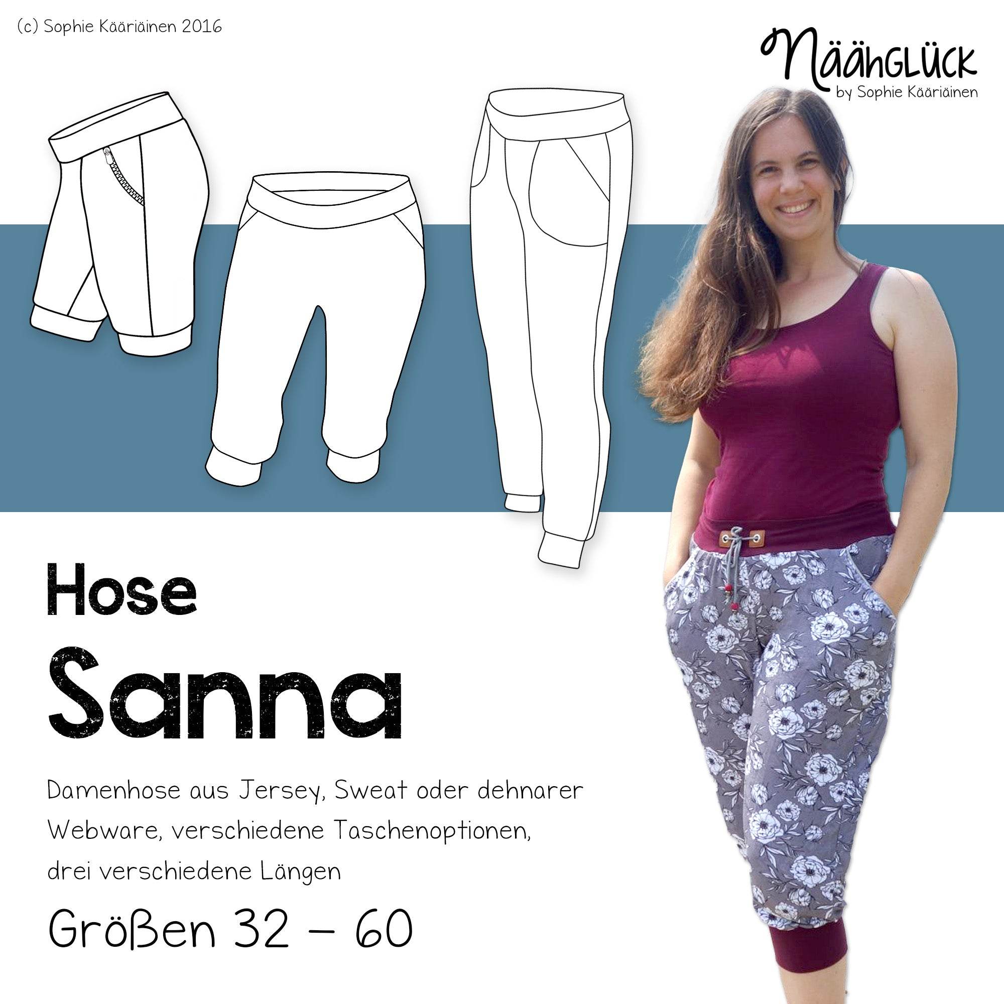 Schnittmuster Sanna - Damenhose in 3 Längen Größe 32 - 60 - Sewando
