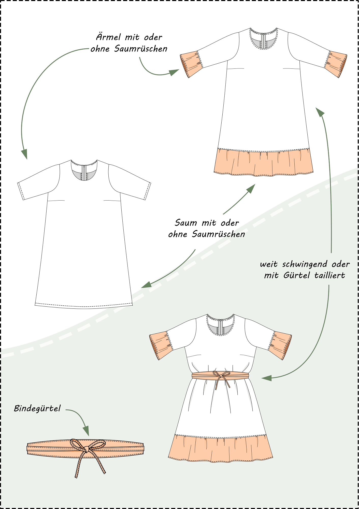 Schnittmuster Sarah – Lockeres Leinenkleid oder Tunika mit Saumrüschen Gr. 34-50 / BU 80-116 - Sewando