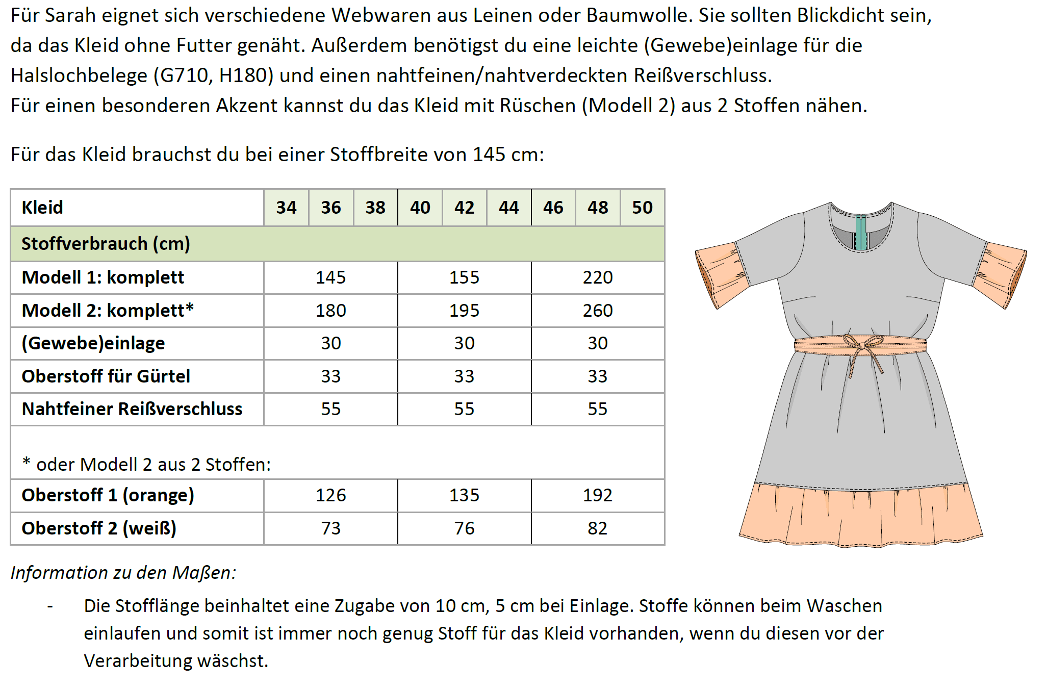 Schnittmuster Sarah – Lockeres Leinenkleid oder Tunika mit Saumrüschen Gr. 34-50 / BU 80-116 - Sewando