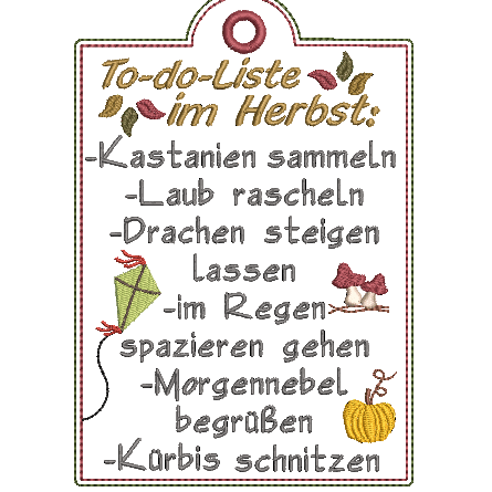 Stickdatei ITH Schild Herbst Todo Liste Laub Kürbis - Sewando