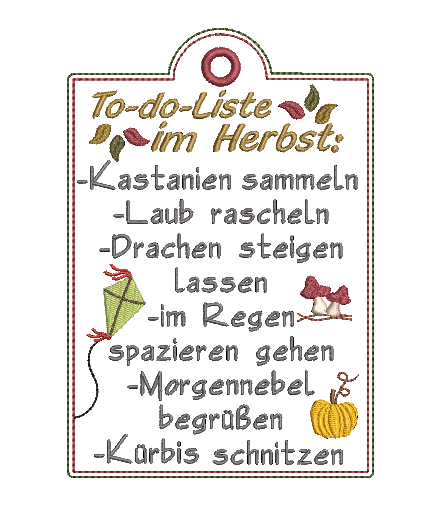 Stickdatei ITH Schild Herbst Todo Liste Laub Kürbis - Sewando