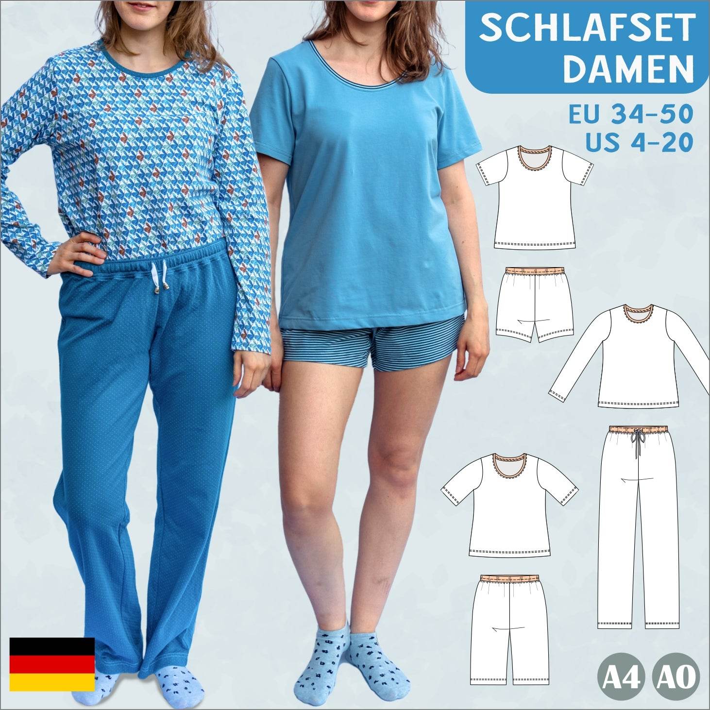 Jersey-Schlafanzug - Pyjama Set mit Shirt & Hose für Damen Gr. 34-50 / BU 80-116 - Sewando