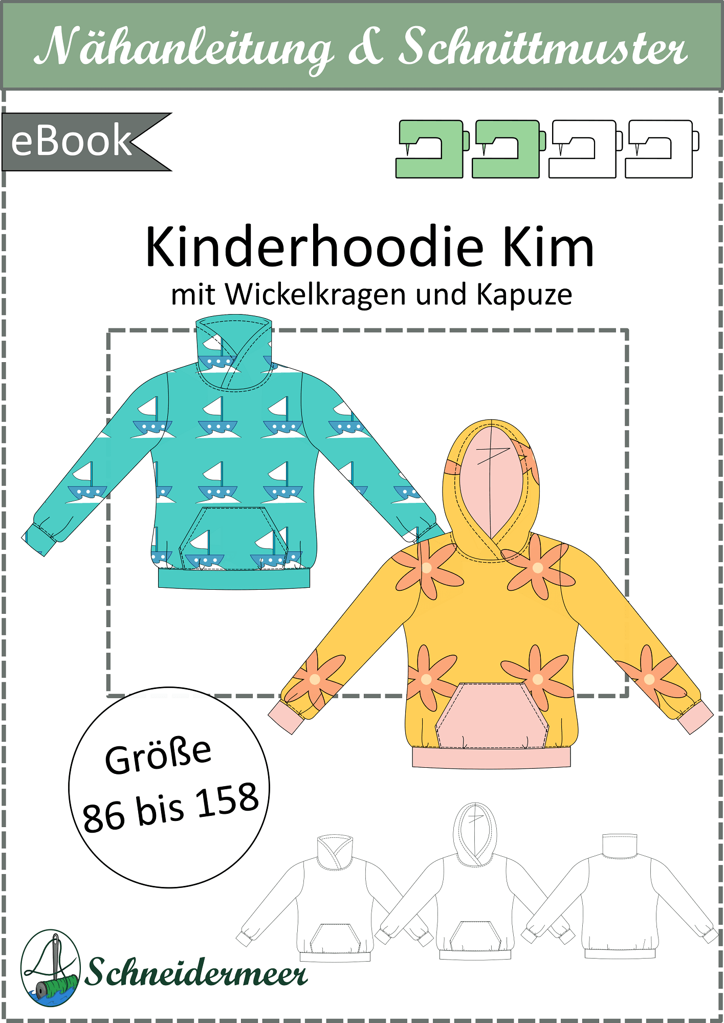 Schnittmuster Kim - Kinderhoodie mit Kapuze oder Wickelkragen Gr. 86-158 - Sewando