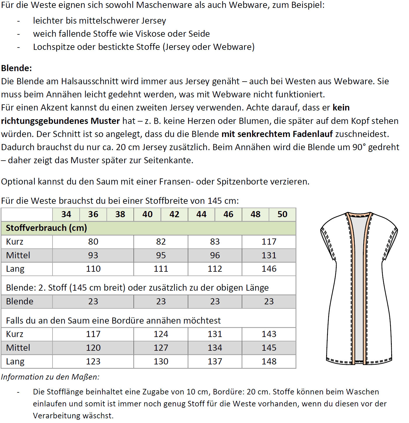 Schnittmuster Mia - offene Weste & ärmelloser Cardigan Gr. 34-50 / BU 80-116 cm - Sewando
