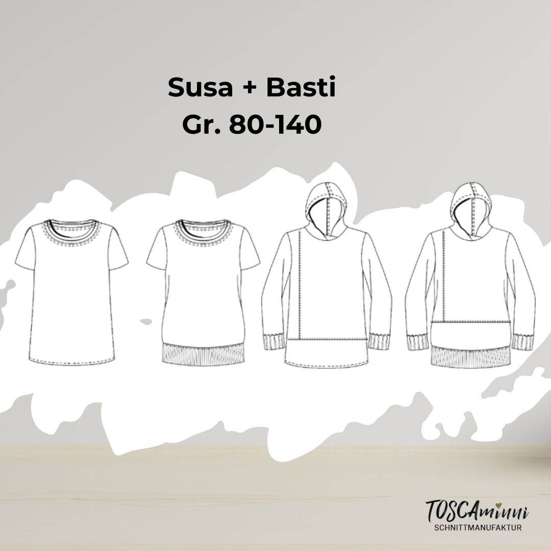 Schnittmuster Shirt Susa + Basti Gr. 80-140 | Kinderhoodie - Sewando