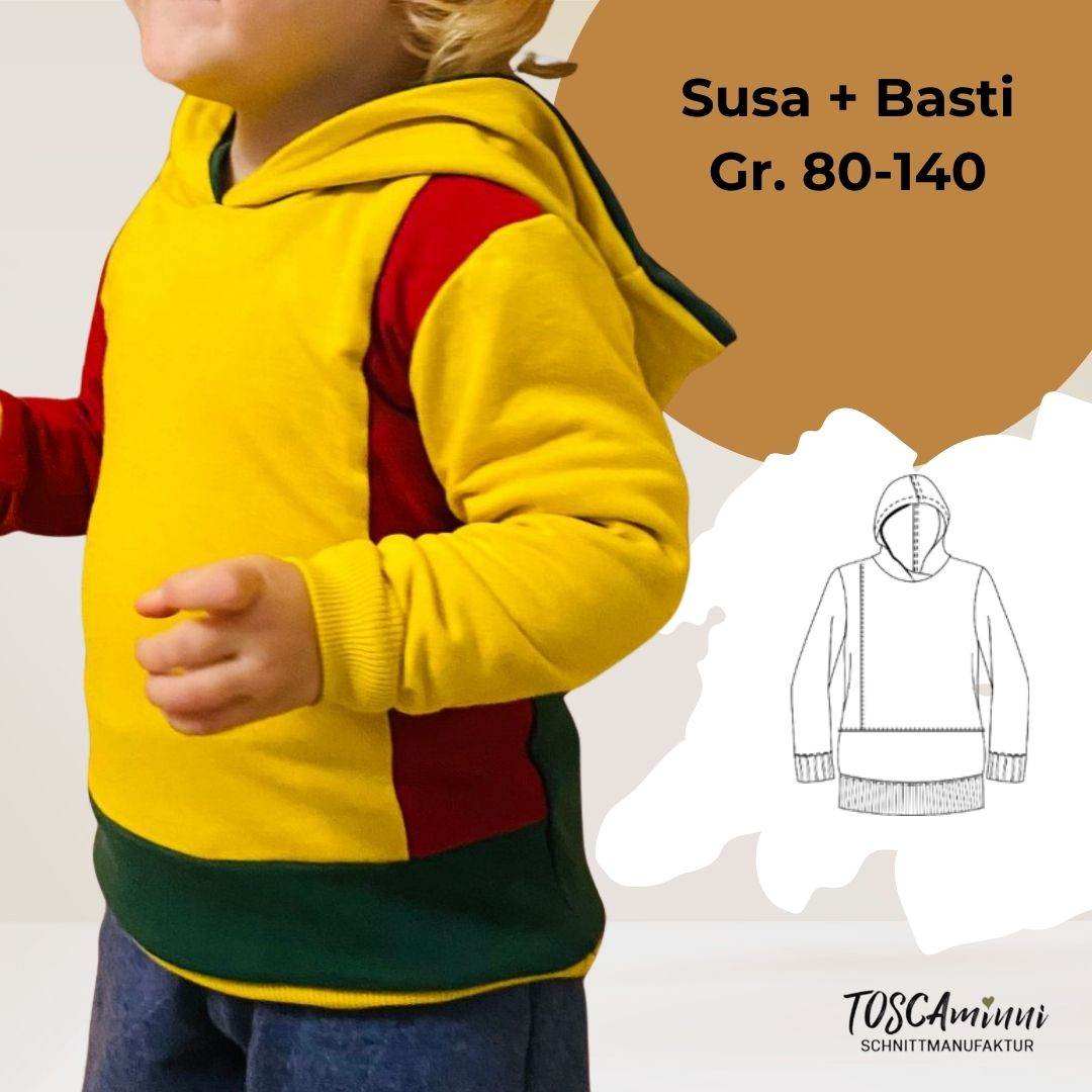 Schnittmuster Shirt Susa + Basti Gr. 80-140 | Kinderhoodie - Sewando