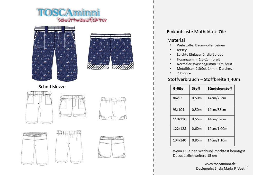 Schnittmuster Kurze Hose Ole + Matilda Gr. 86-140 - Sewando