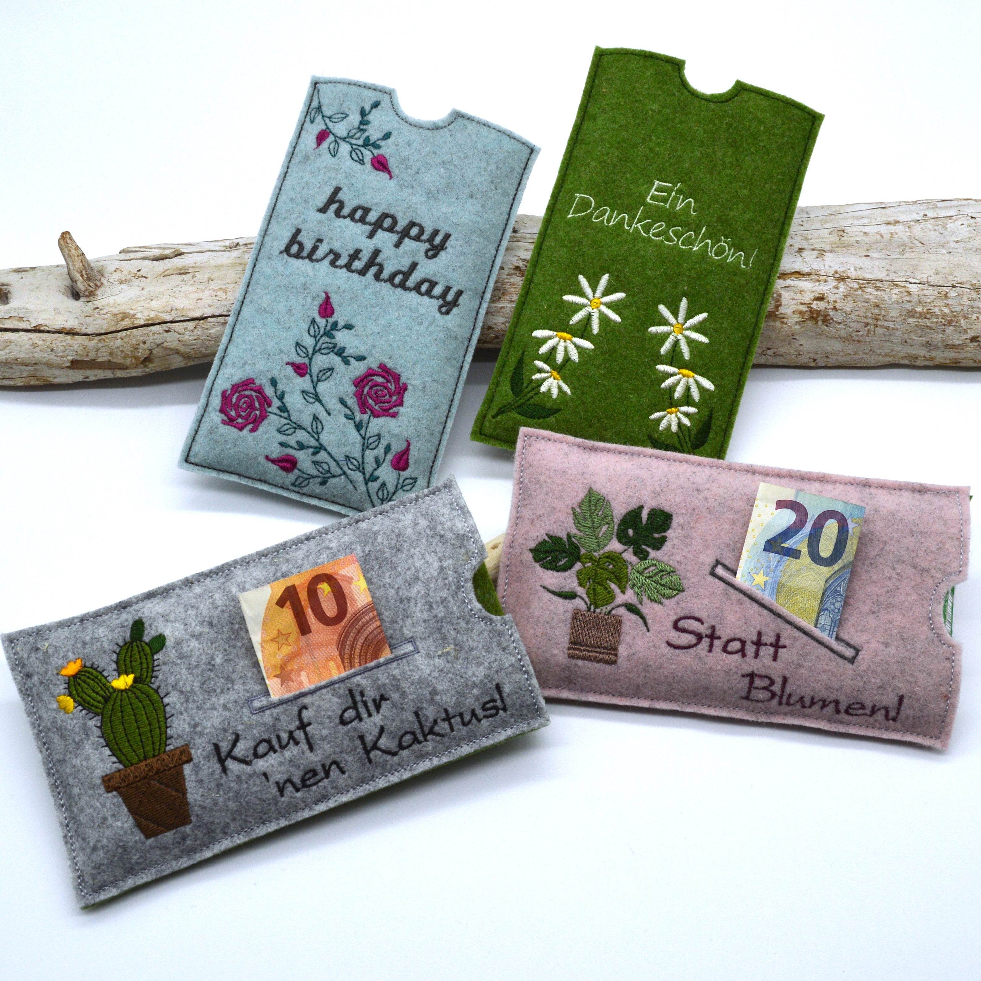 Stickdatei Schokohülle SET danke happy birthday Blumen 5 Motive - Sewando