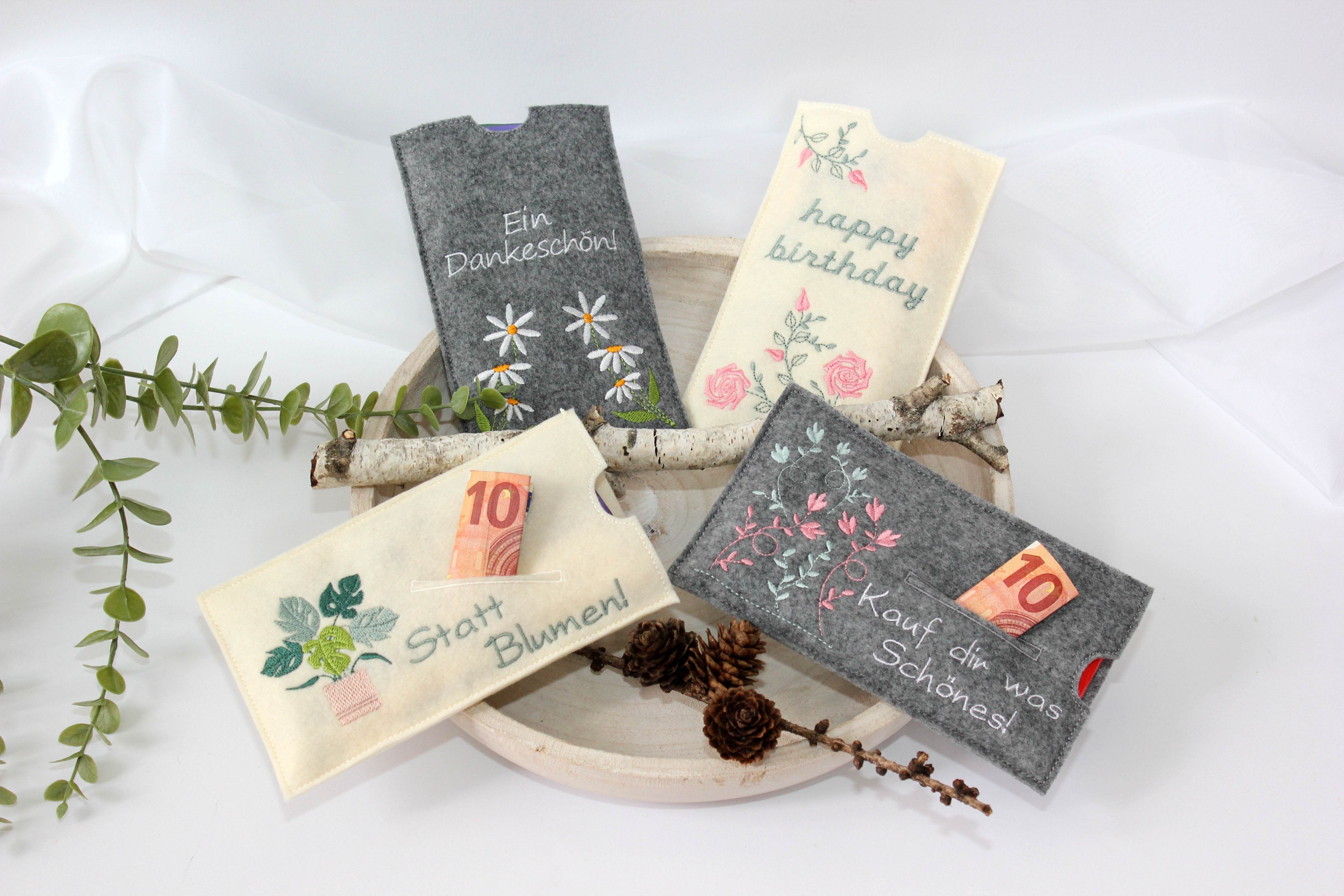 Stickdatei Schokohülle SET danke happy birthday Blumen 5 Motive - Sewando