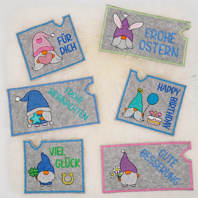 Stickdatei Set ITH Schoko- & Geschenkhüllen Gnome zum Geburtstag, Ostern, Weihnachten, Genesung & Danke - Sewando