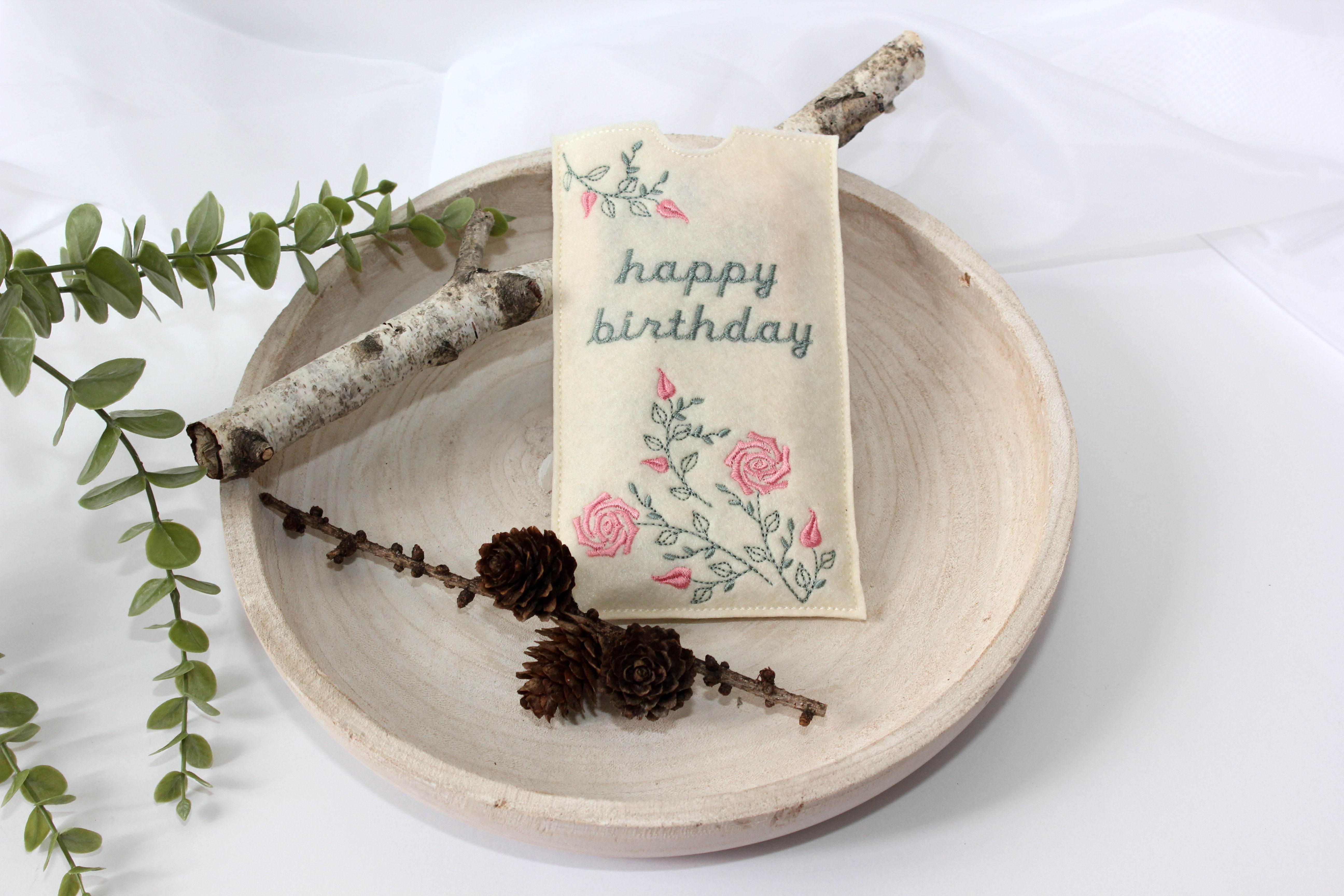 Stickdatei Schokohülle SET danke happy birthday Blumen 5 Motive - Sewando