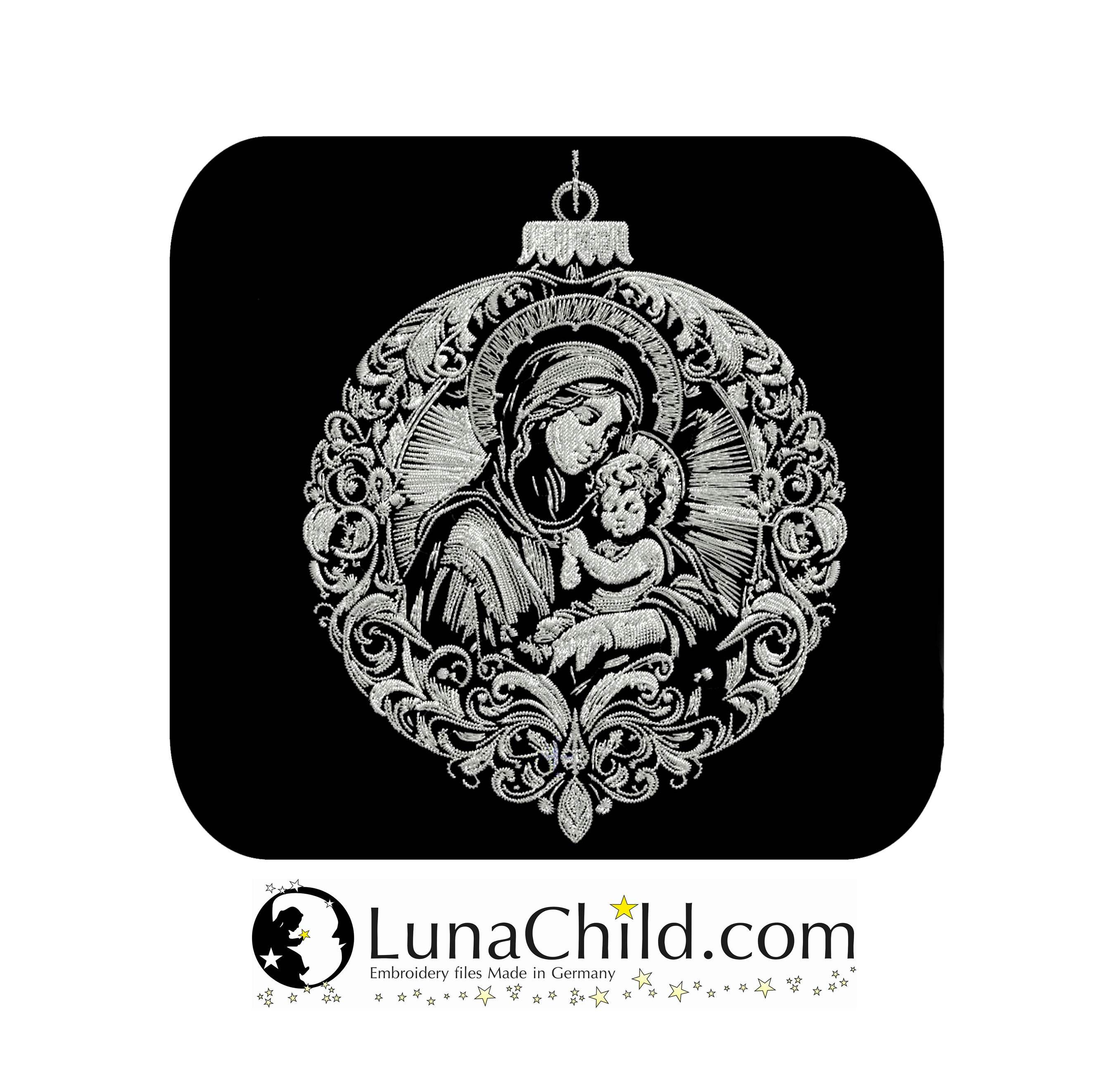 Stickdatei Christbaumkugel Maria & Jesus - realistisch - FÜR DUNKLE STOFFE - Sewando