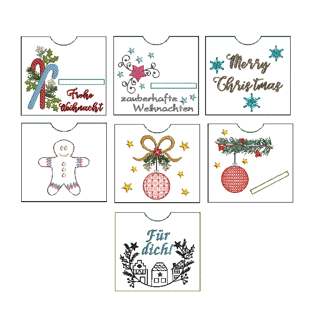 Stickdatei Schokohülle SET Weihnachten quadratisch 7 Motive - Sewando