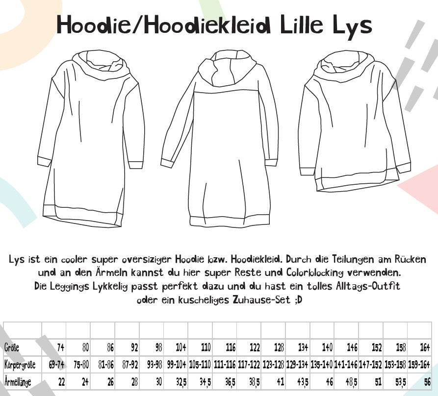 Schnittmuster Hoodie Hoodiekleid Lille Lys Gr. 64-164 - Sewando