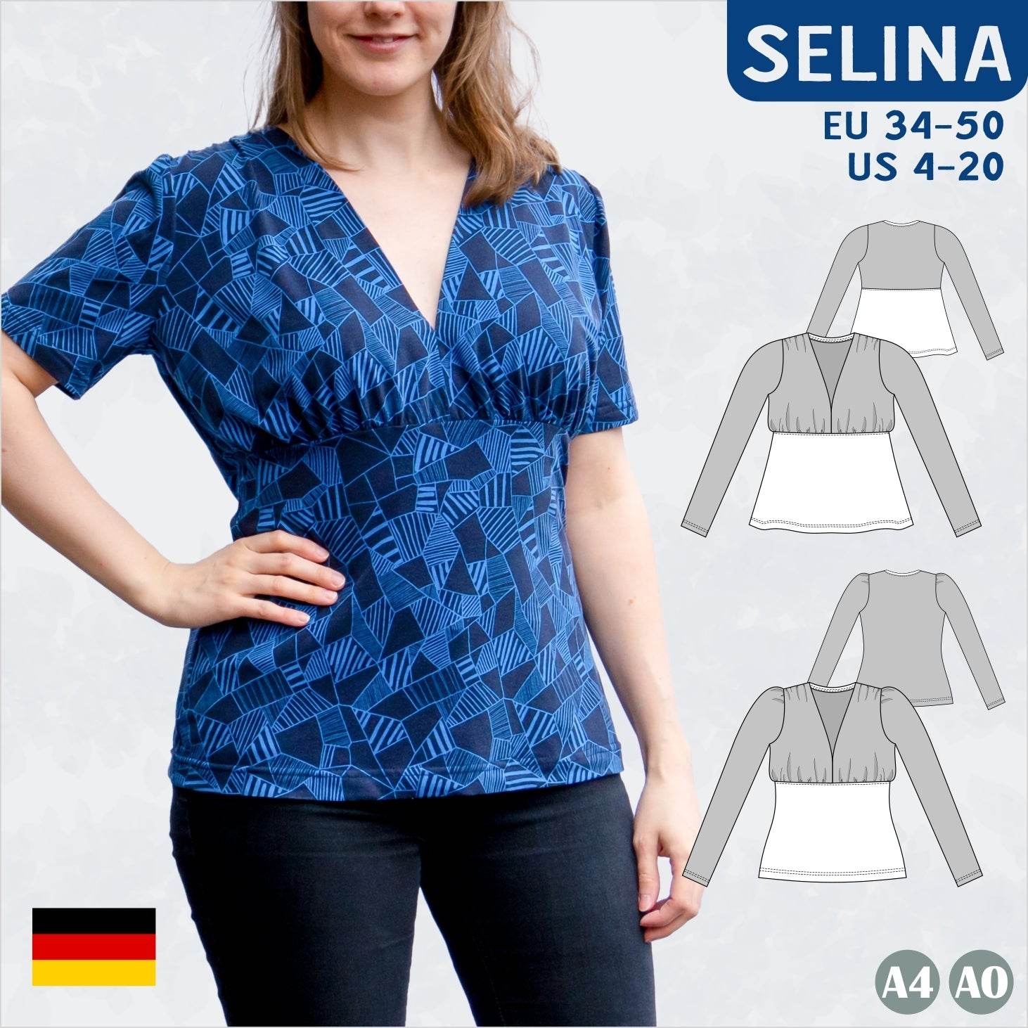 Selina – Feminines Shirt mit Kräuselungen & V-Ausschnitt Gr. 34-50 / BU 80-116 - Sewando