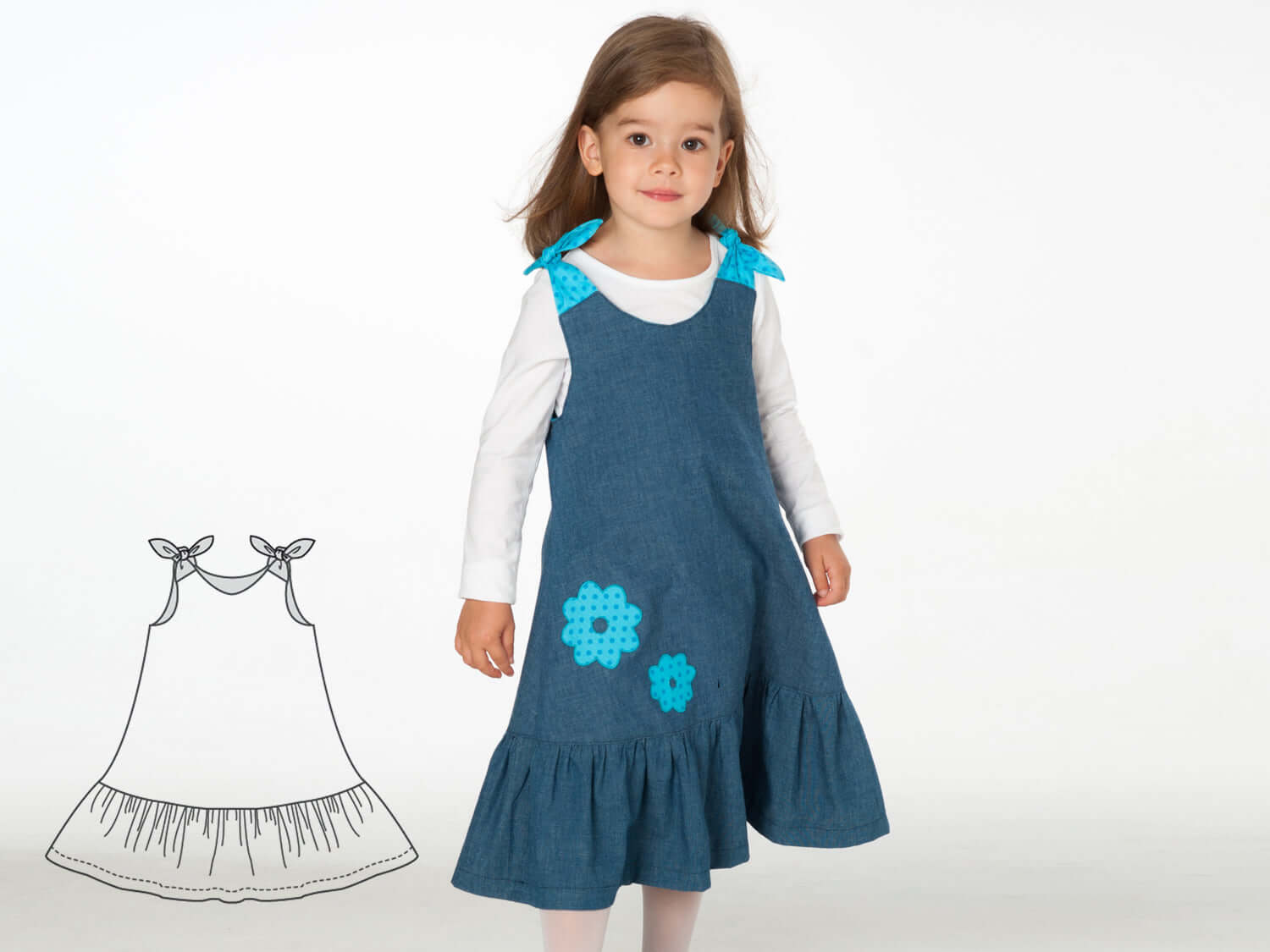Schnittmuster Mädchenkleid STEFFI Gr. 74-152, lässiges Sommerkleid für kleine Mädchen mit Blumenapplikationen.