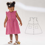 Schnittmuster Kleid MIMI PDF 2-in-1: Verspieltes Mädchenkleid in Pink mit Knöpfen, mit Grafik des Schnittmusters daneben.