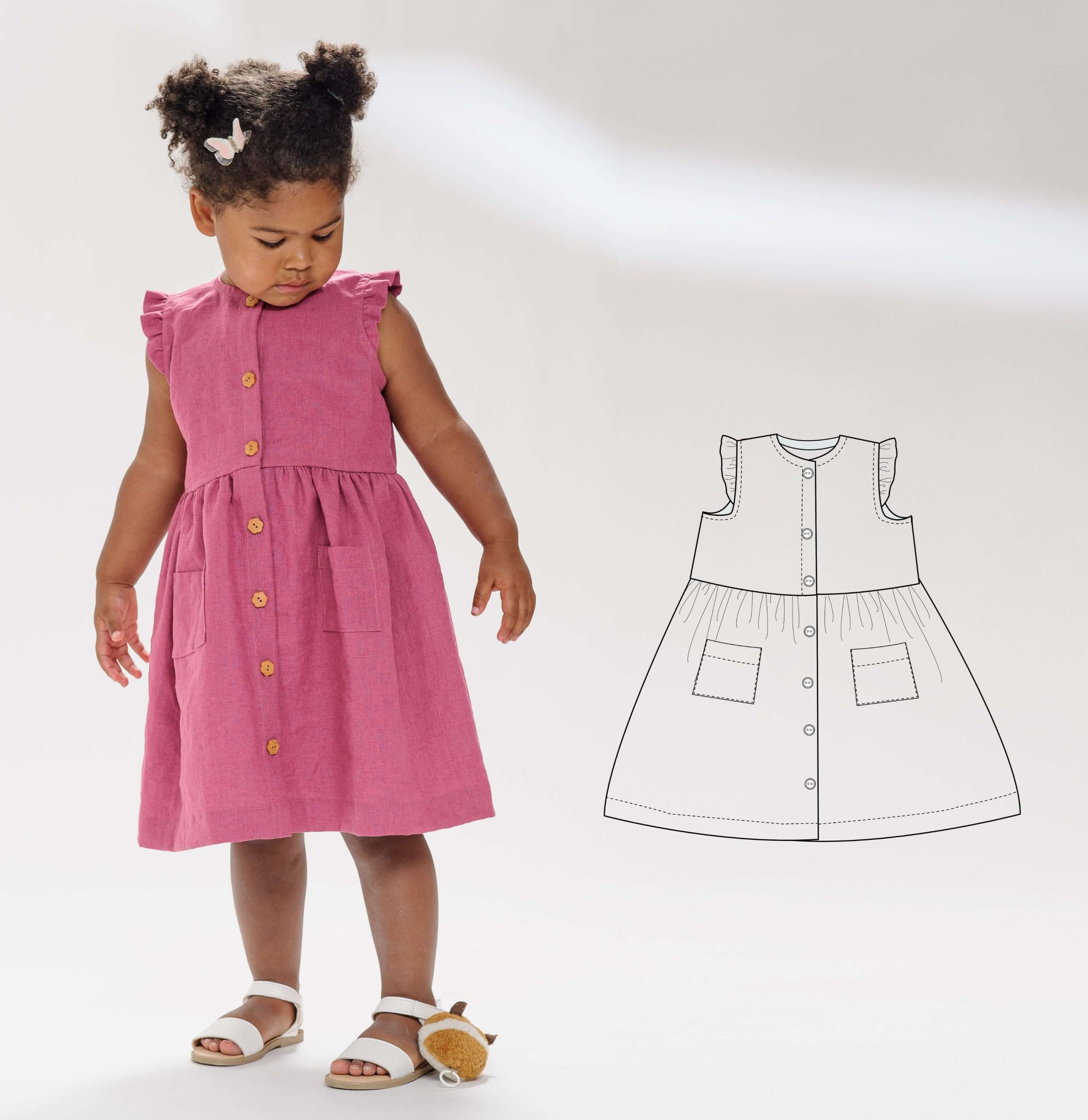 Schnittmuster Kleid MIMI PDF 2-in-1: Verspieltes Mädchenkleid in Pink mit Knöpfen, mit Grafik des Schnittmusters daneben.