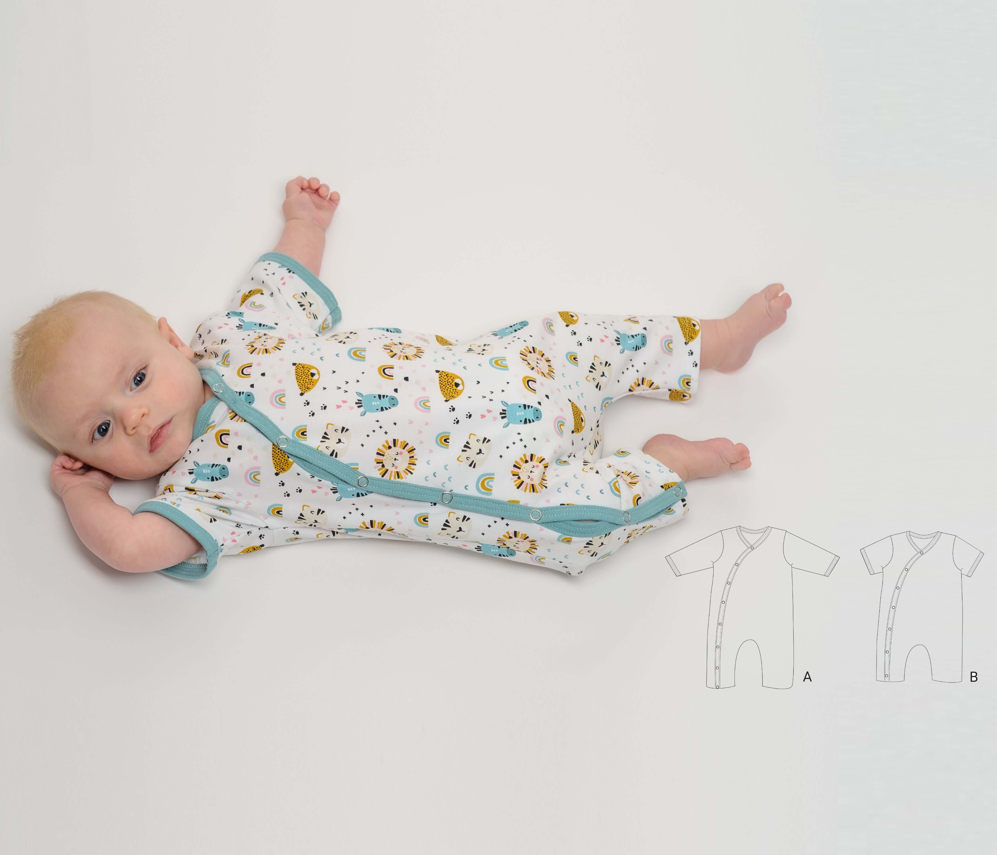Schnittmuster Strampler LEON PDF 2-in-1 Druckknöpfe für Baby, Größen 50/56-98/104, mit Anleitung.
