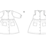 Schnittmuster Kleid MIMI PDF 2-in-1: zwei Varianten eines verspielten Mädchenkleides mit Knopfleiste und Taschen.