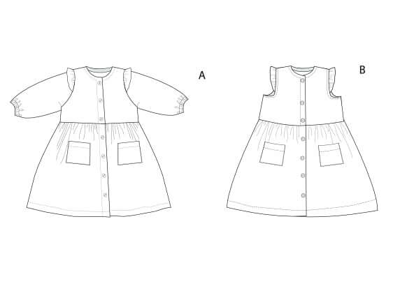 Schnittmuster Kleid MIMI PDF 2-in-1: zwei Varianten eines verspielten Mädchenkleides mit Knopfleiste und Taschen.