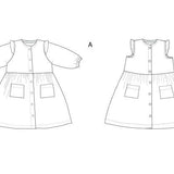 Schnittmuster Kleid MIMI PDF 2-in-1: zwei Varianten eines verspielten Mädchenkleides mit Knopfleiste und Taschen.