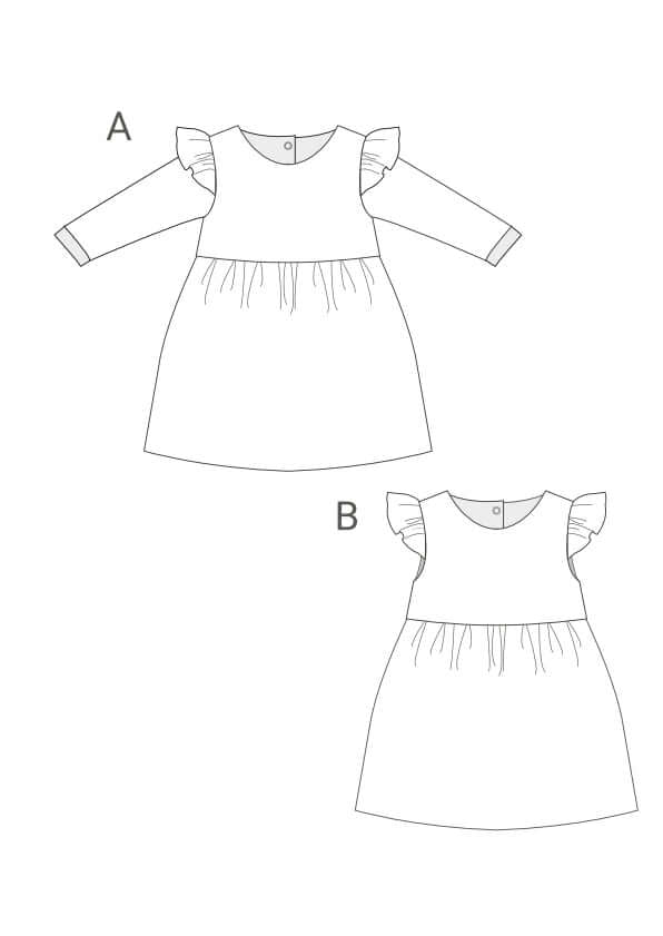 Schnittmuster Retro Kleid für Mädchen ELLA mit langen Ärmeln, zwei Designvarianten abgebildet