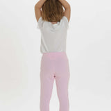 Schnittmuster Baby Kinder Leggings in rosa, hinten dargestellt, mit bequemem, elastischem Bund.