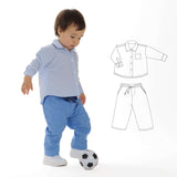 Schnittmuster Baby Hemd & Hose TOM + NOAH PDF Jungen Outfit Gr. 68–122, Junge mit Fussball, Hemd und Hose.