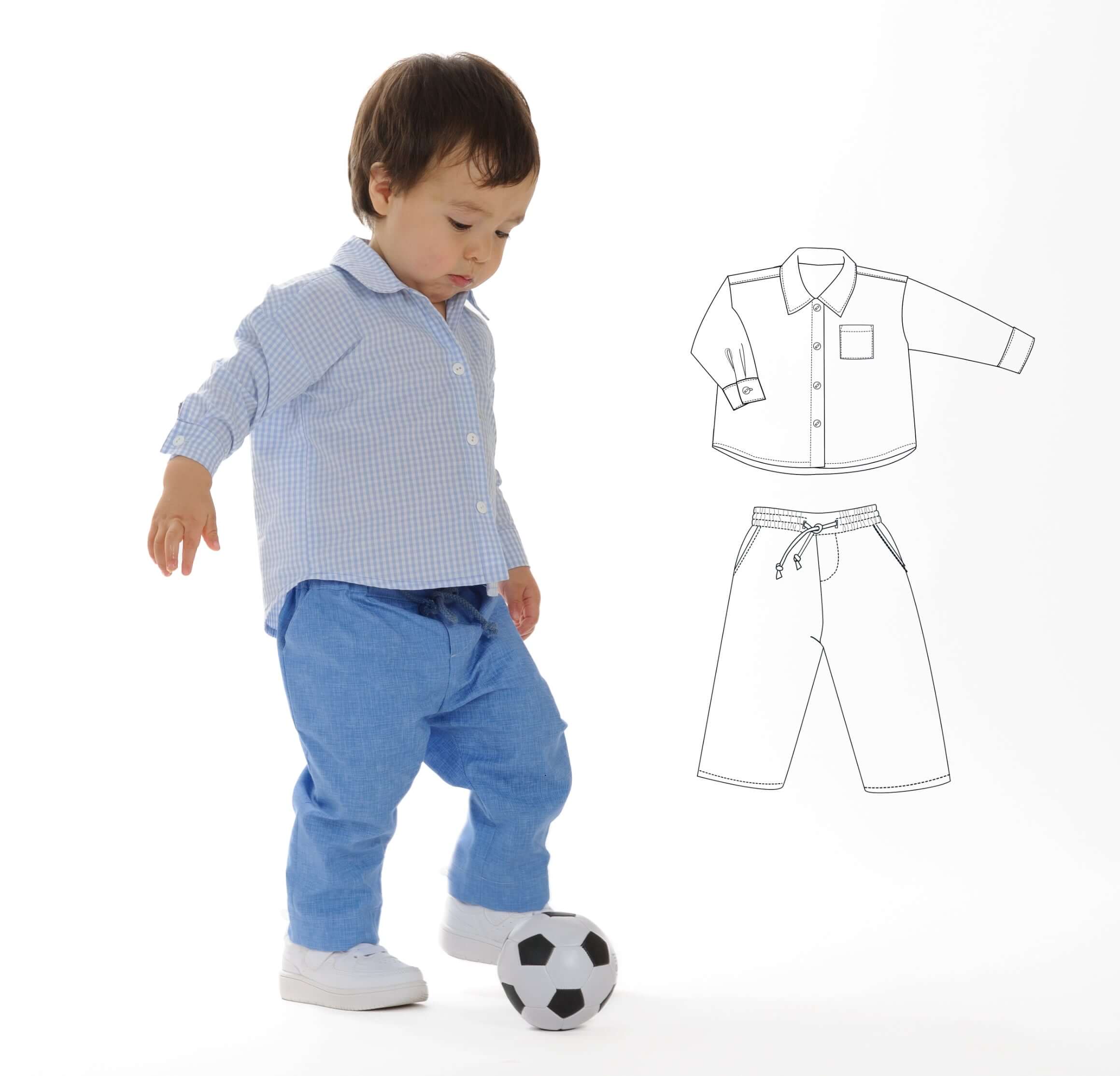 Schnittmuster Baby Hemd & Hose TOM + NOAH PDF Jungen Outfit Gr. 68–122, Junge mit Fussball, Hemd und Hose.