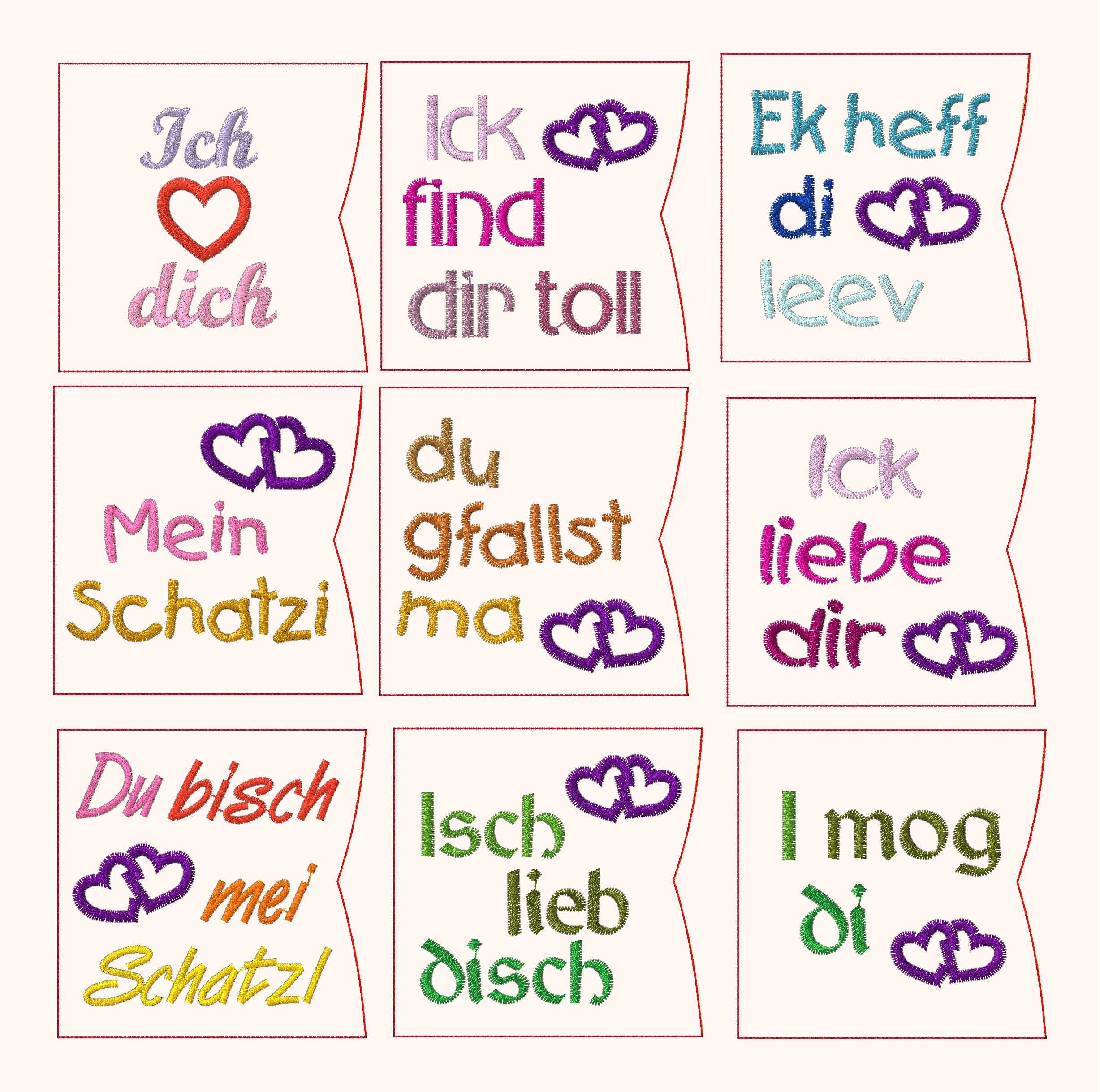 10x Stickdatei Liebe im Dialekt ITH Schokohüllen - Sewando