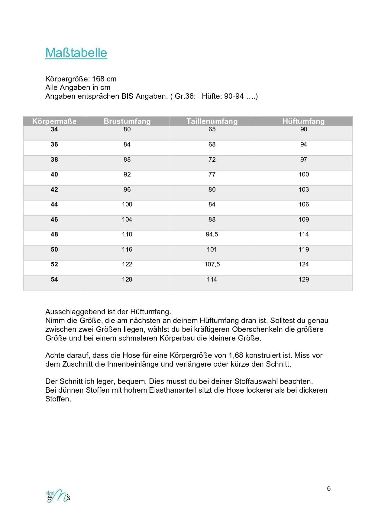 Schnittmuster Hose TENNA Gr. 34-54 : - Sewando