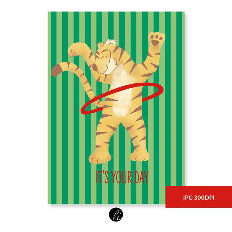 Tiger mit Hula-Hoop-Reifen – Digitales Karten-Design - Sewando